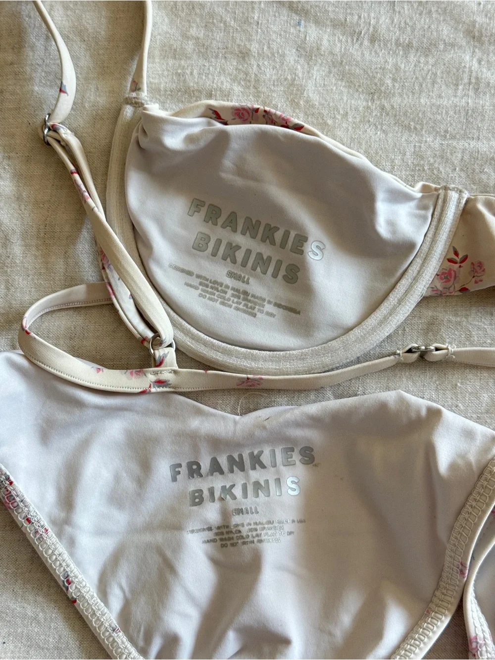 Frankie’s Bikinis: Floral Underwire Bikini Set - Cream with Pink Floral (small)